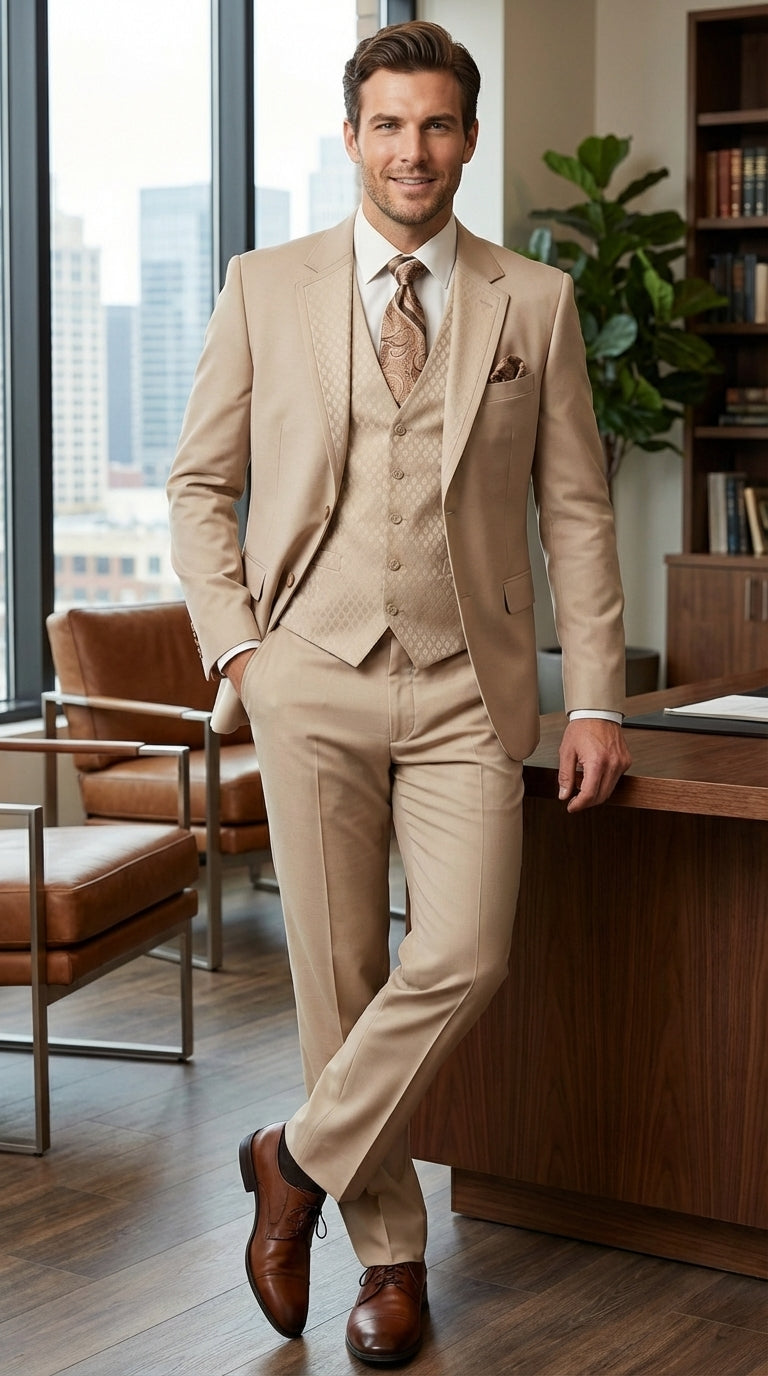 Men’s Tan Beige 3 Piece Tuxedo Suit – Beige Formal Suit Set with Vest, Patterned Lapel and Tie for Wedding, Prom in Tan Khaki Color