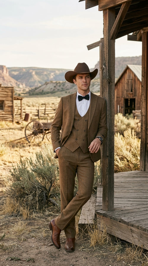 Men’s Light Brown Western 3-Piece Suit – Cowboy Wedding Suit with Vest British Khaki Color