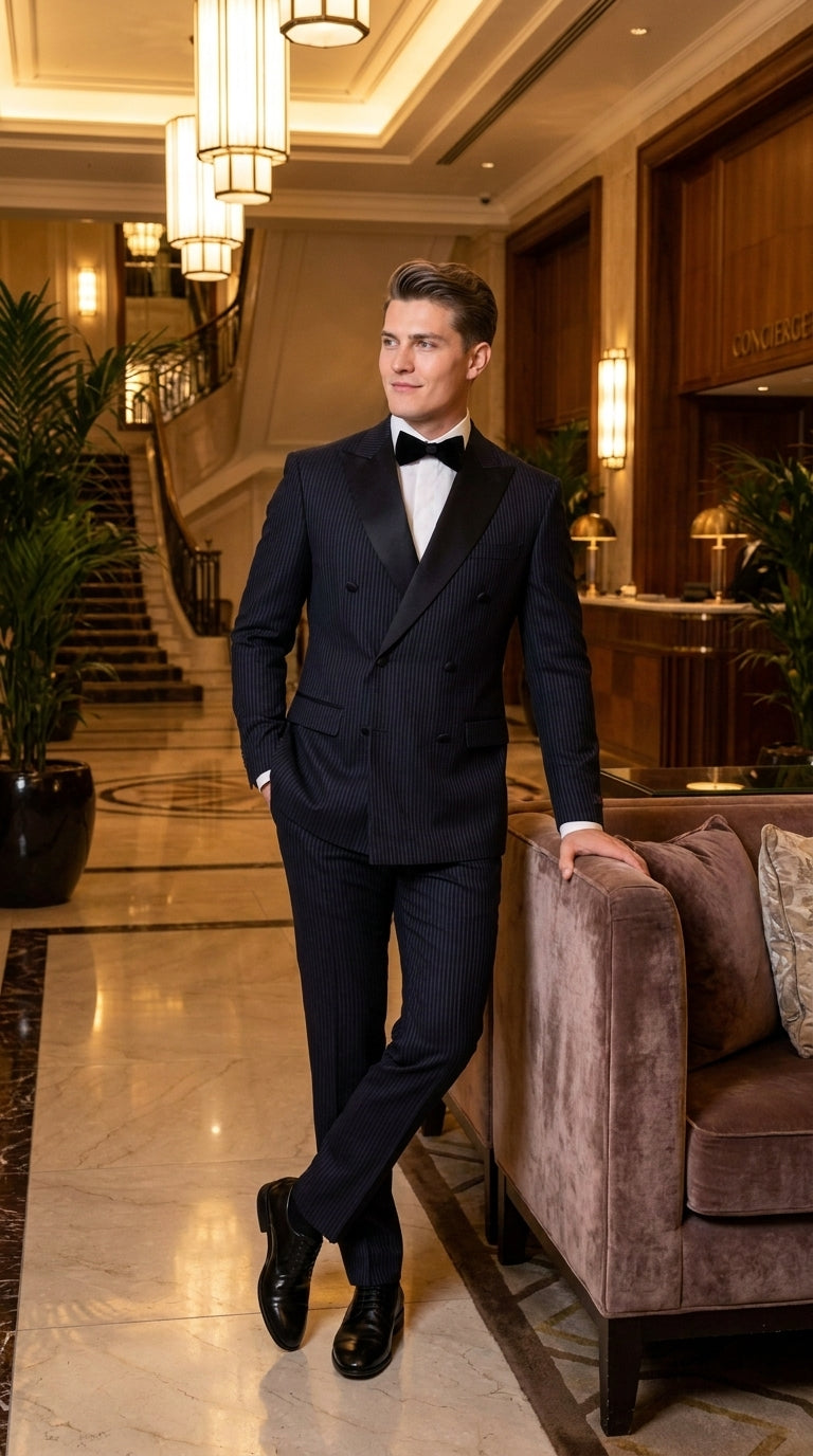 Men’s Navy Blue Double-Breasted Tuxedo – Tone-on-Tone Shadow Pinstripe Formal Wedding and Prom Suit