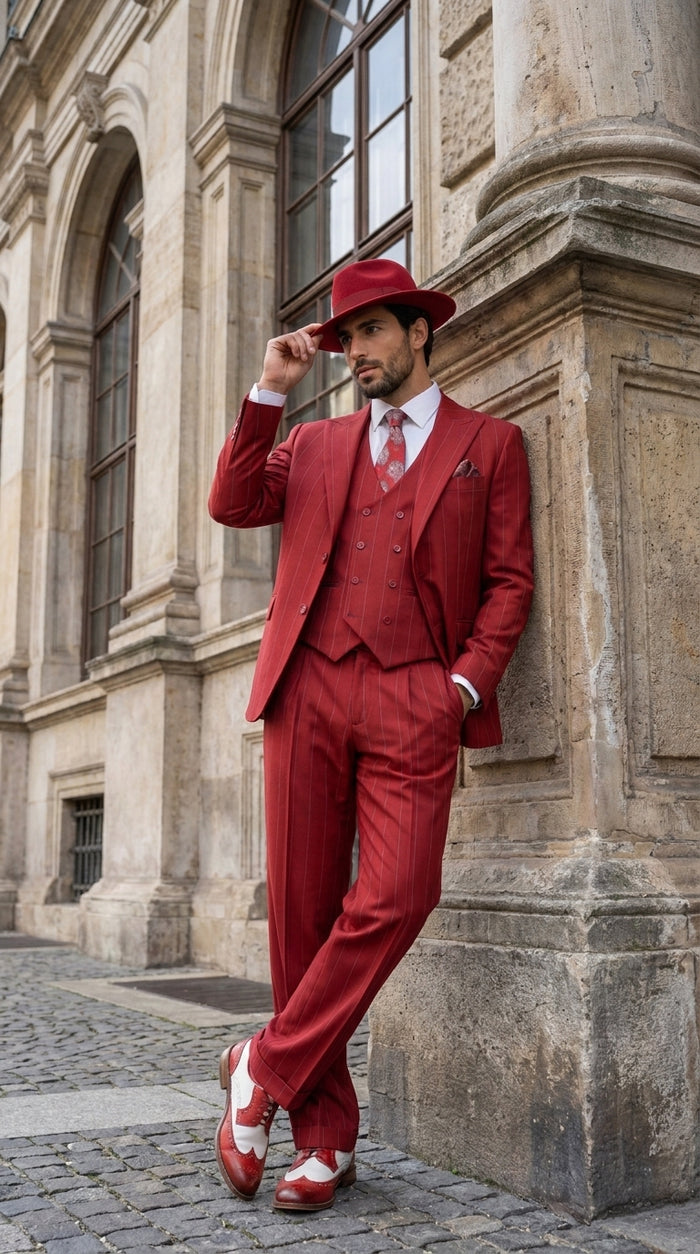 Men’s Red & White Pinstripe 3-Piece Suit by Mazari – Peak Lapel Classic Fit Gangster Suit with Pleated Pants