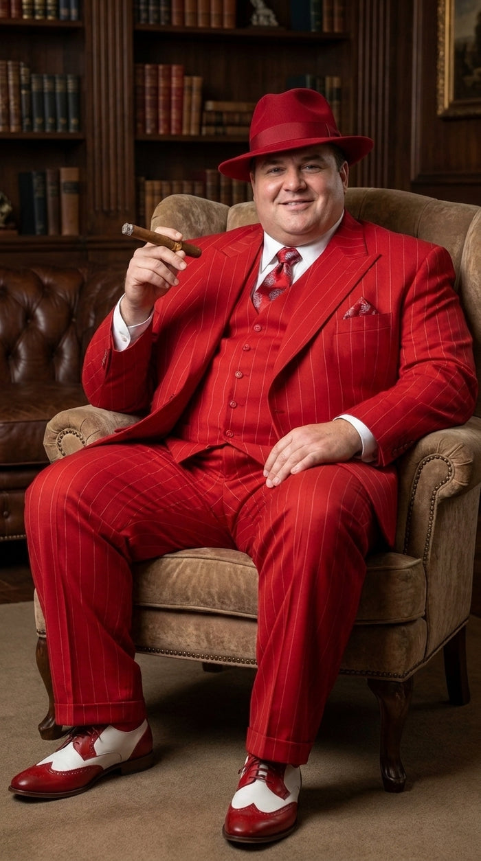 1920s Christmas Holiday Gangster Men’s Red Pinstripe 3-Piece Suit – Peak Lapel Classic Fit Pleated Pants