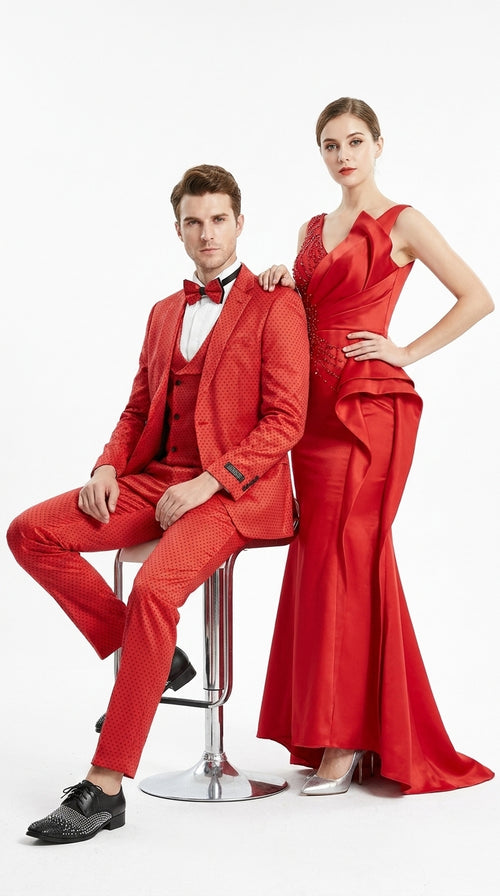 Tazio Men’s Cherry Red and Black  Polka-Dot 3-Piece Suit – Skinny Fit Prom, Wedding and Party Suit or Tuxedo
