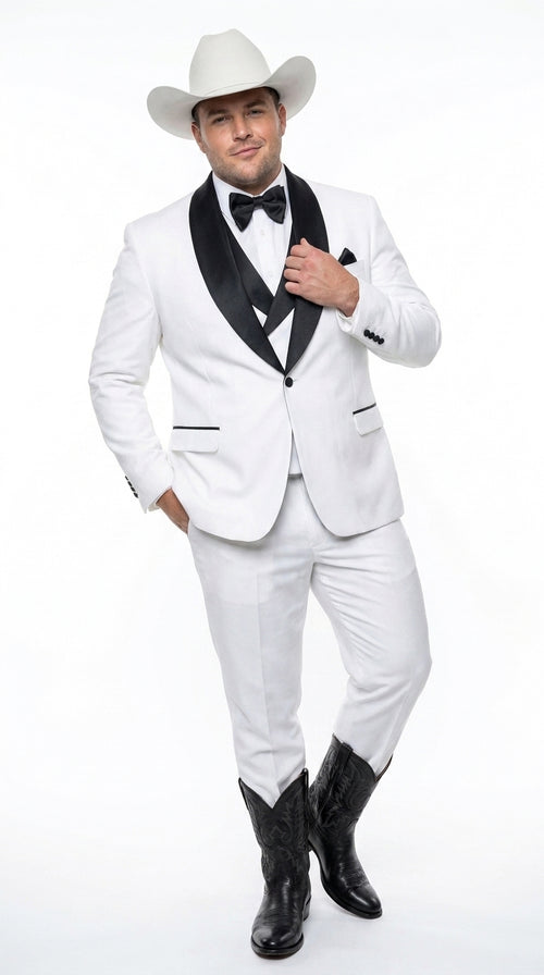 Men’s White and Black Western Wedding Tuxedo – Cowboy Style 3-Piece Traje para Boda with Double-Breasted Vest