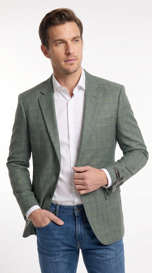 Men’s Sage Green Windowpane 2-Piece Suit – Modern Fit Plaid Wedding, Business and Formal Suit