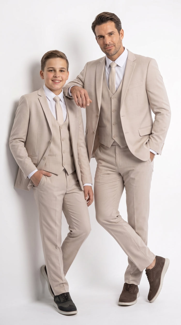 Dad & Son Matching Beige 3-Piece Suits – Father and Son Wedding Formal Suits in Tan Color
