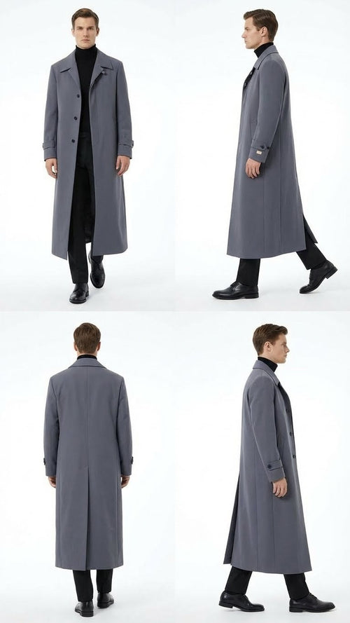 Men’s Full-Length Charcoal Grey Overcoat – Premium Microfiber Blend Long Dress Coat for Winter and Formal Wear in Gray Color
