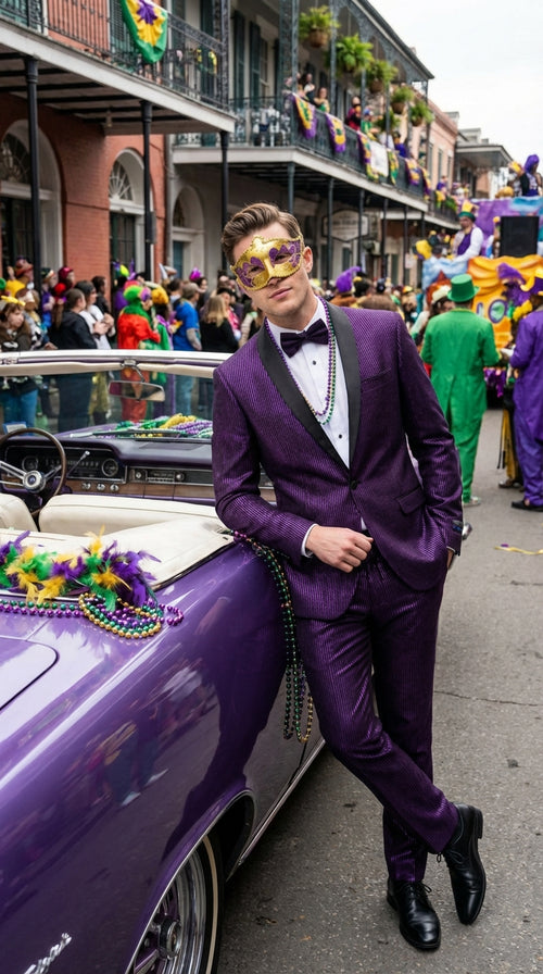 Mens Purple Shimmer Mardi Gras Suit with Black Satin Lapel – Shiny Metallic Formal Party and Carnival Suit Sequin Look
