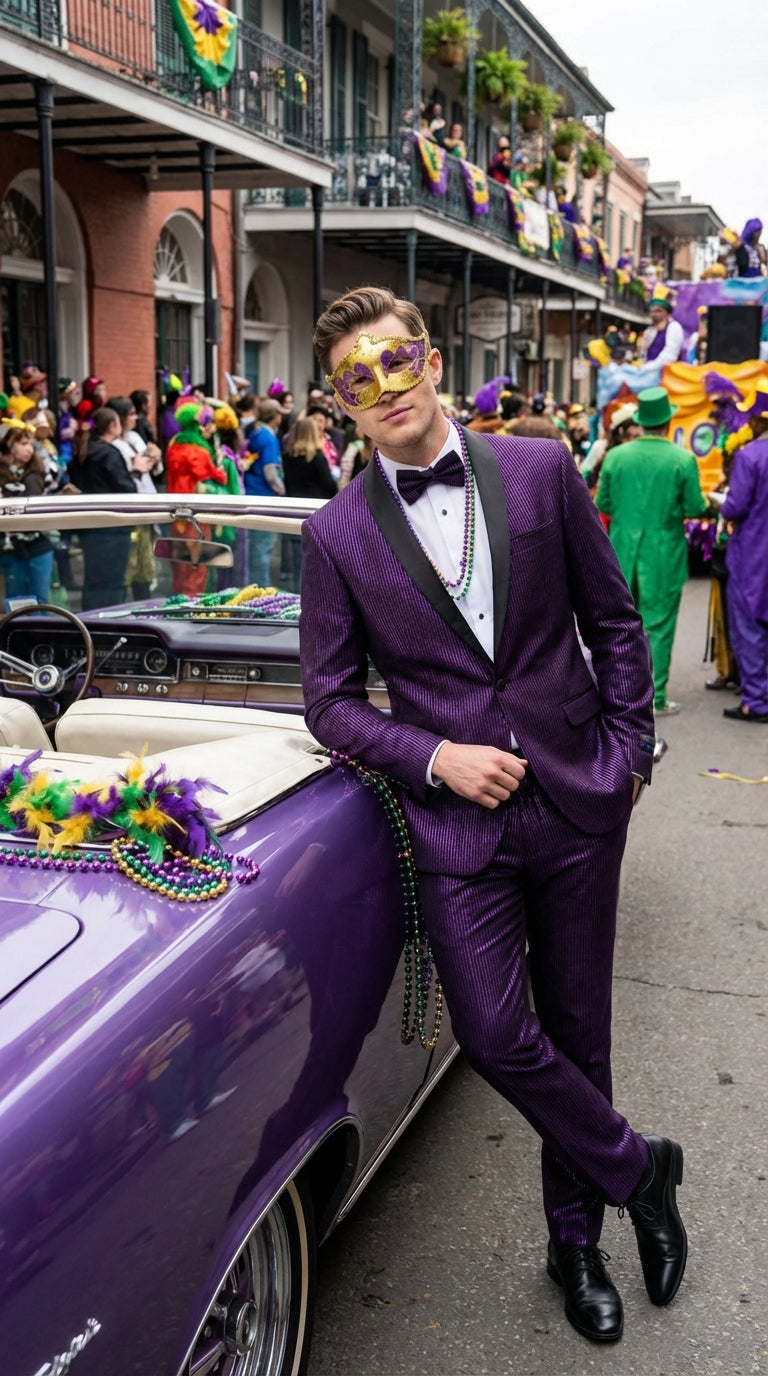 Mens Purple Shimmer Mardi Gras Suit with Black Satin Lapel – Shiny Metallic Formal Party and Carnival Suit Sequin Look