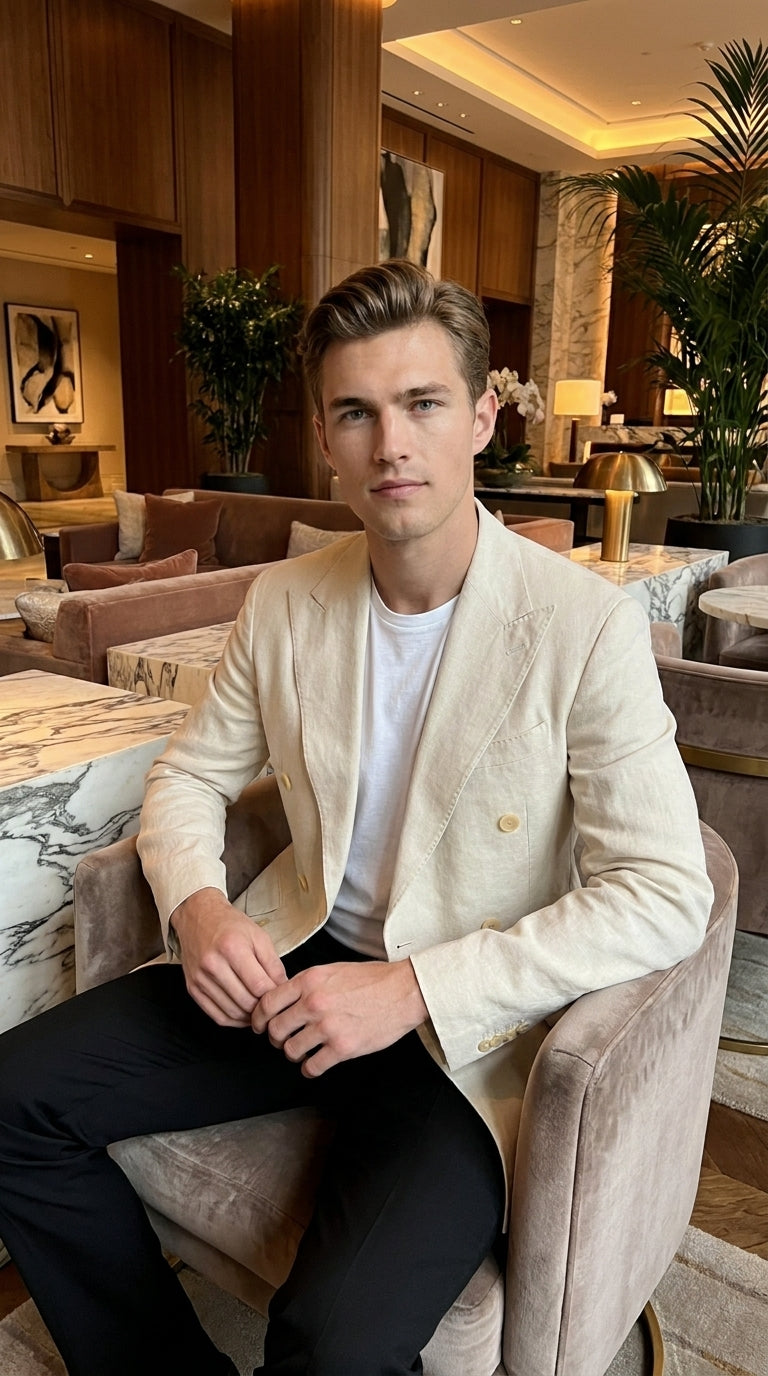Men’s Cream Double Breasted Blazer – Ivory 6 Button Formal Wedding Sport Coat Off White color