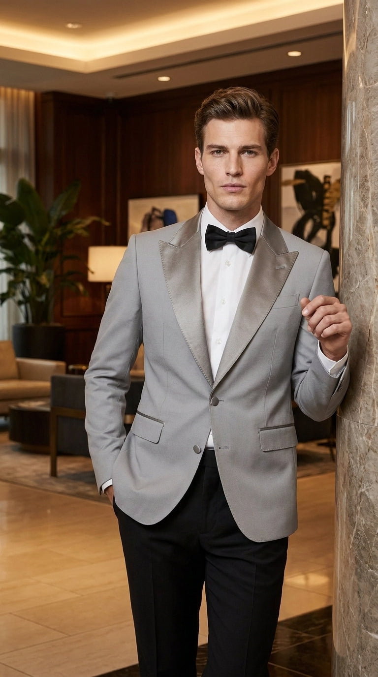 Men’s Silver Dinner Jacket – Satin Peak Lapel Tuxedo Blazer for Weddings, Prom & Formal Events in color silver grey