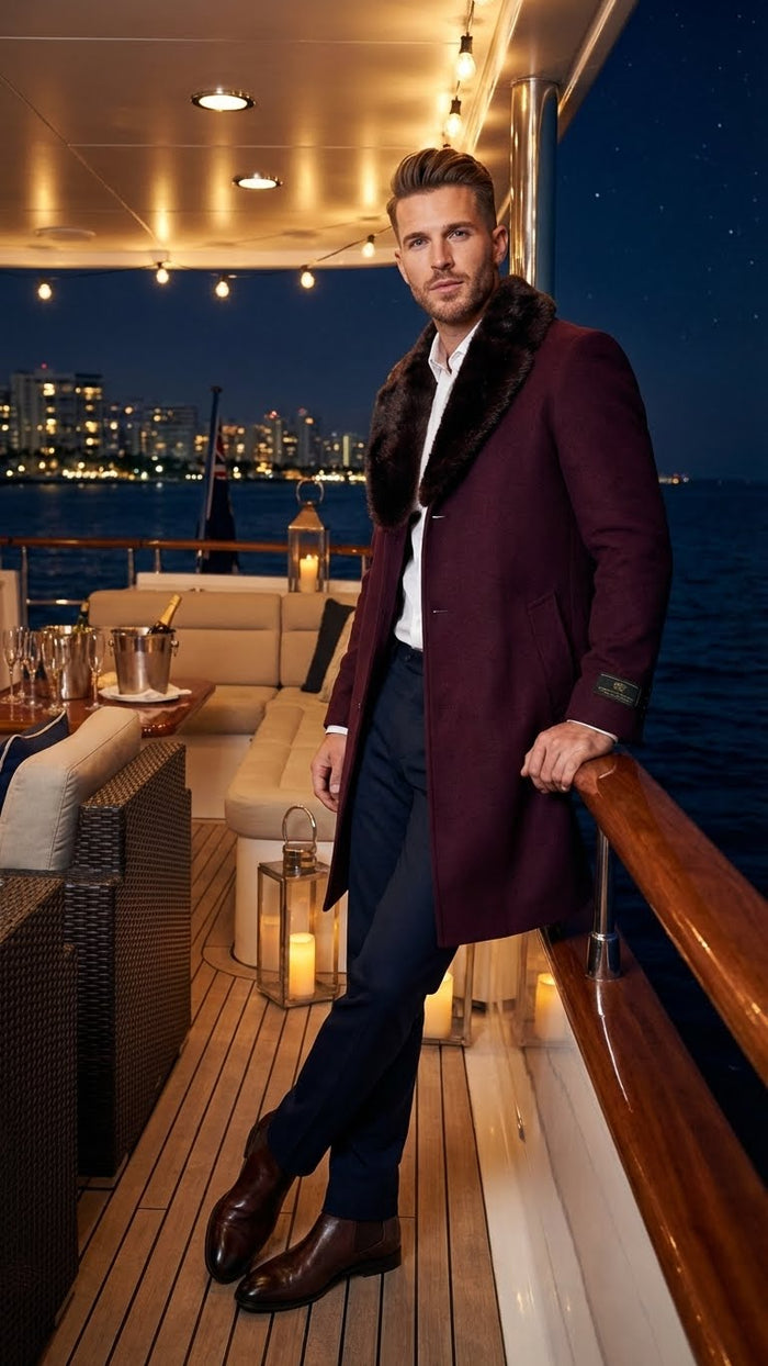 Men’s Burgundy Three Quarter Coat with Faux Fur Collar Overcoat - Luxury Winter Outerwear Three Quarter Carcoat Topcoat by USA Men's Outlet