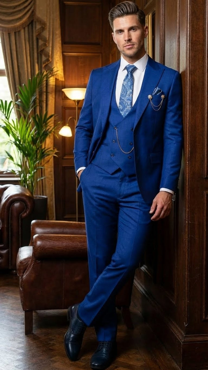 Men’s Royal Blue 3 Piece Suit Set with Vest - Formal Wedding and Party Wear Suit - Saphire Cobalt blue by USA Men's Outlet