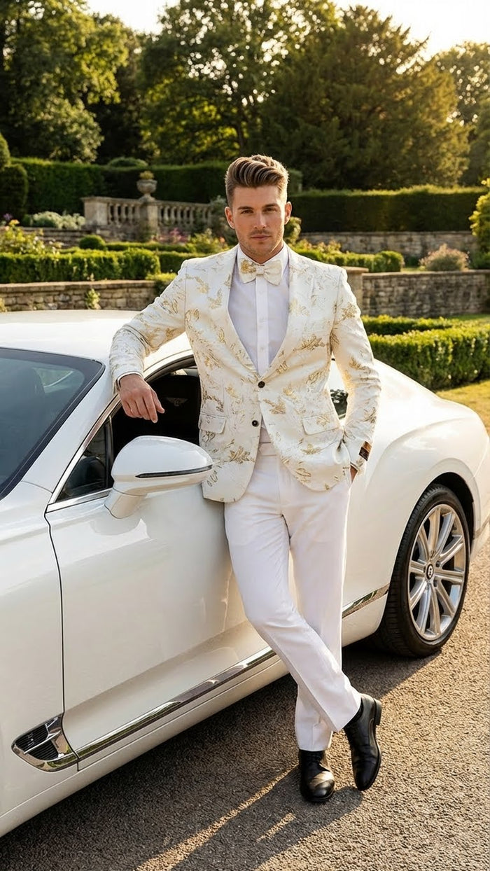Men’s White and Gold Patterned Blazer - Paisley Floral Pattern Prom Wedding Suit Tuxedo Dinner Jacket + Bowtie by USA Men's Outlet
