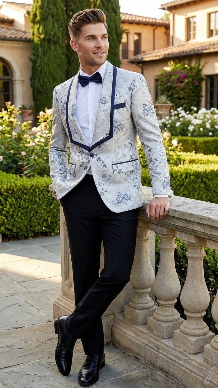 Men’s White and Navy Blue Lapel Floral Jacquard Blazer with Contrast Shawl Lapel - Luxury Wedding and Party Wear Jacket paisley Tuxedo Navy Pants by USA Men's Outlet
