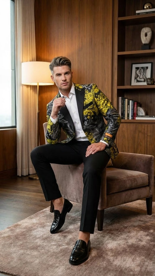 Men’s Yellow Tuxedo Black and Gold Floral Pattern Blazer | Formal Jacket - Prom Dinner Jacket + Black Pants + Bowtie