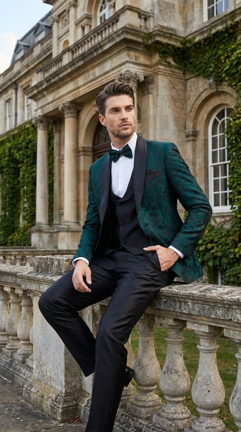 Tazzio Men’s Hunter Green & Black Paisley Tuxedo – Skinny Fit Shawl Collar 3-Piece Prom and Wedding Suit