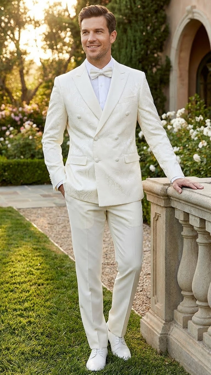 Men’s Ivory Double Breasted Tuxedo Dinner Jacket - Textured Blazer Paisley Texture Pattern in Off White Cream Color + Bowtie by USA Men's Outlet