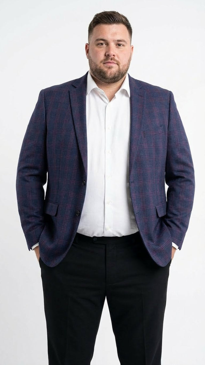 Men’s Big and Tall Navy Blue with Burgundy Plaid Jacket and Sport Coat - Wool Blazer by USA Men's Outlet