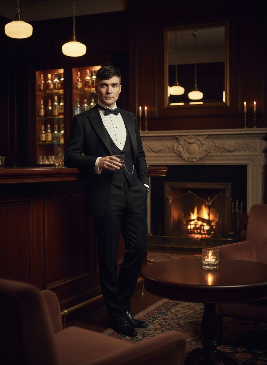 Men’s Black Peaky Blinders Style Three-Piece Tuxedo Suit – Classic Formal Suit with Blazer and Waistcoat Peak Lapel 1920s Style