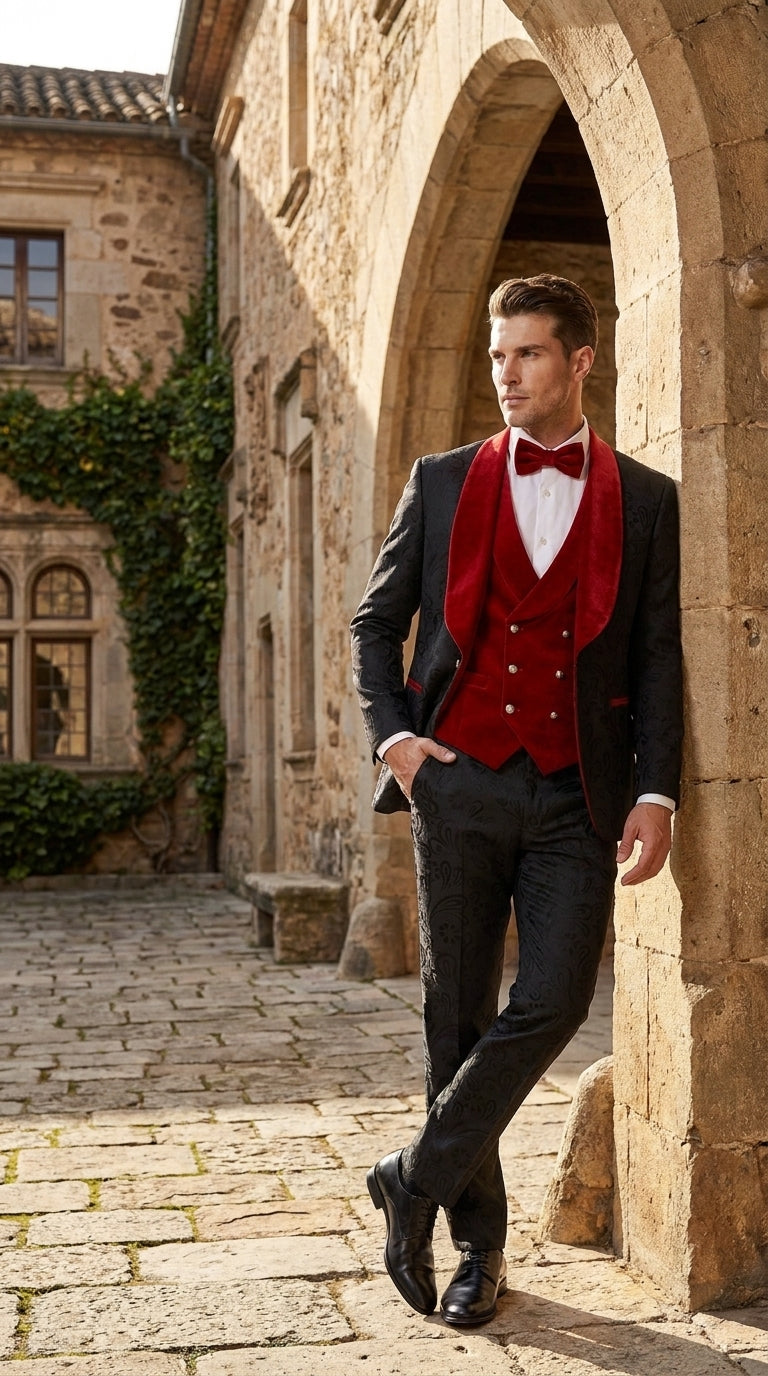 Men’s Black Paisley Tuxedo with Red Velvet Shawl Lapel – 3 Piece Wedding Prom Suit With Matching Bowtie