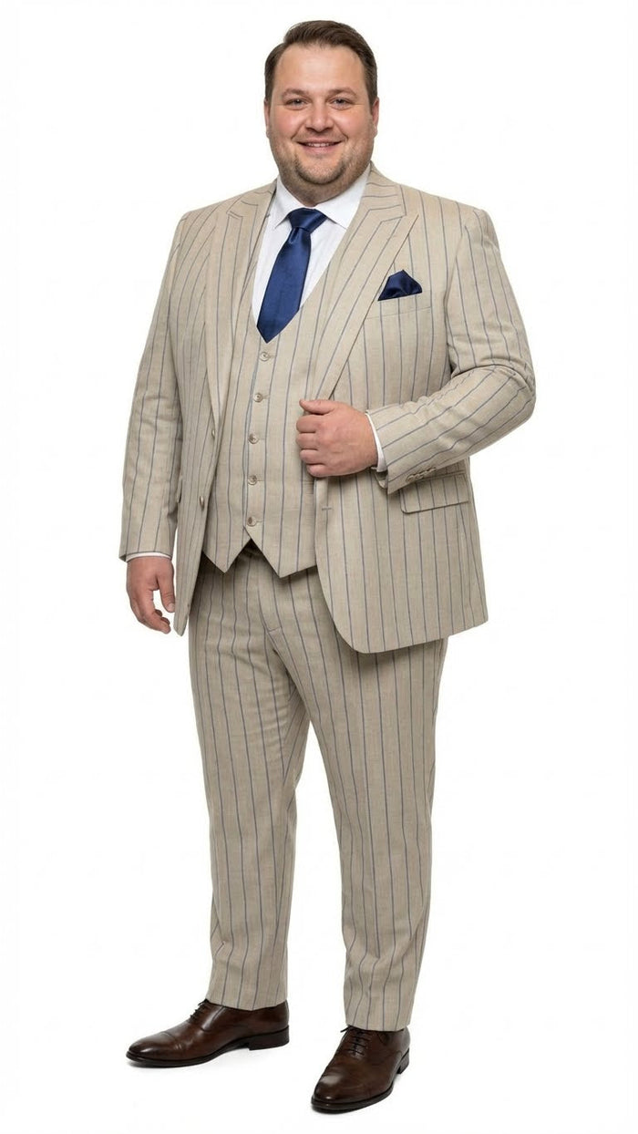 Men's Beige with blue Pinstripe Three-Piece Suit with Vest by Rossiman Vested Peak Lapel in Tan Stripe 1920s style by USA Men's Outlet