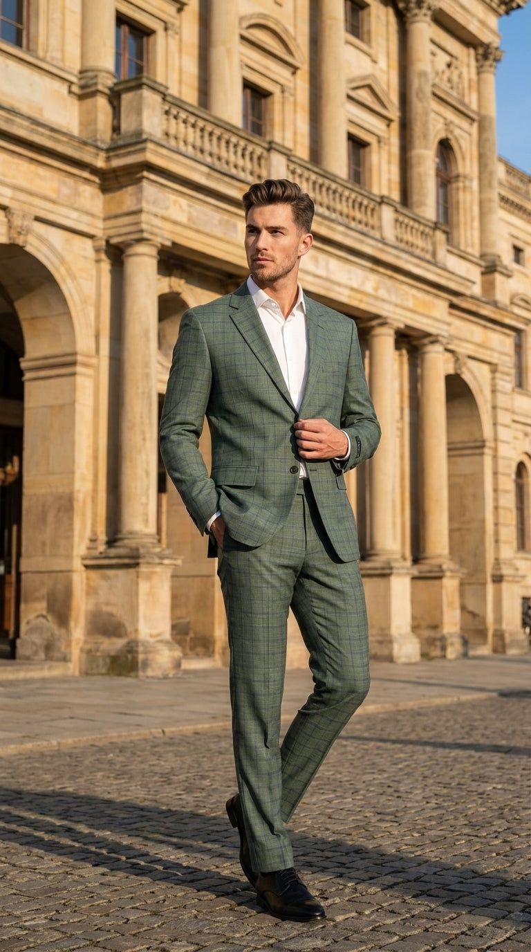 Men’s Tartan olive Green with blue checker Windowpane 2-Piece Suit – Modern Fit Plaid, Business and Formal Suit english styl
