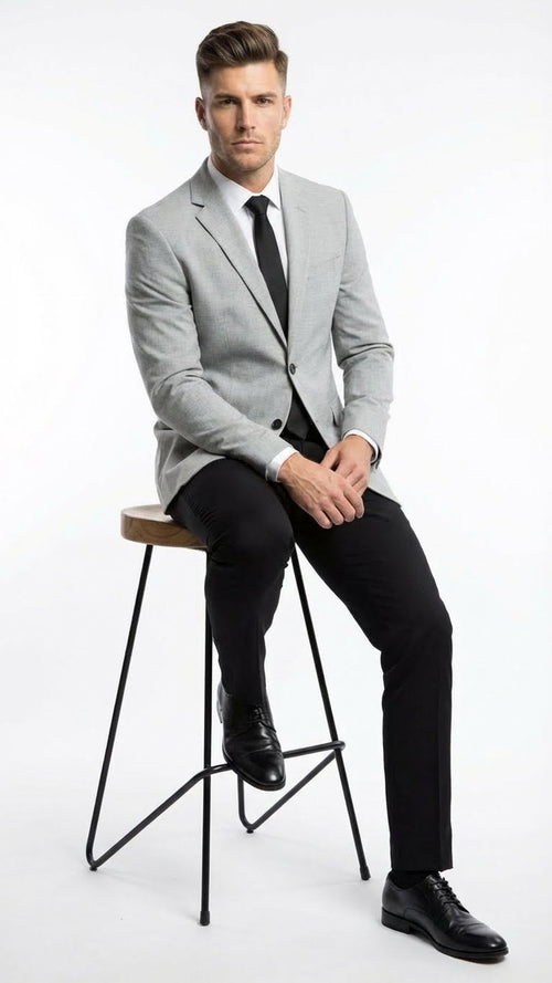 Men’s Light Grey Slim Fit Blazer Sport Coat with Black Pants - Premium Formal and Smart Casual Outfit by USA Men's Outlet