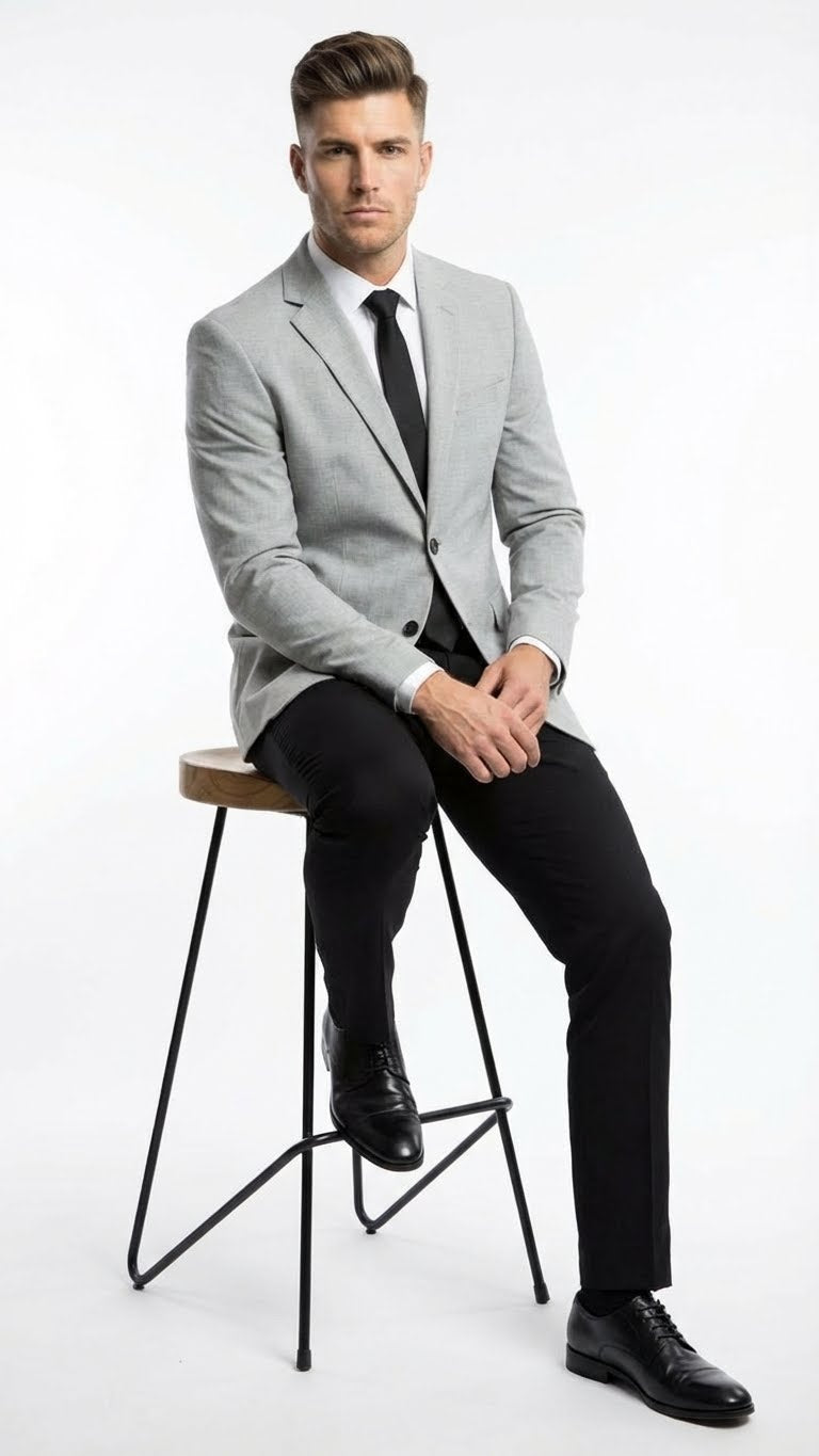 Men’s Light Grey Slim Fit Blazer Sport Coat with Black Pants - Premium Formal and Smart Casual Outfit by USA Men's Outlet