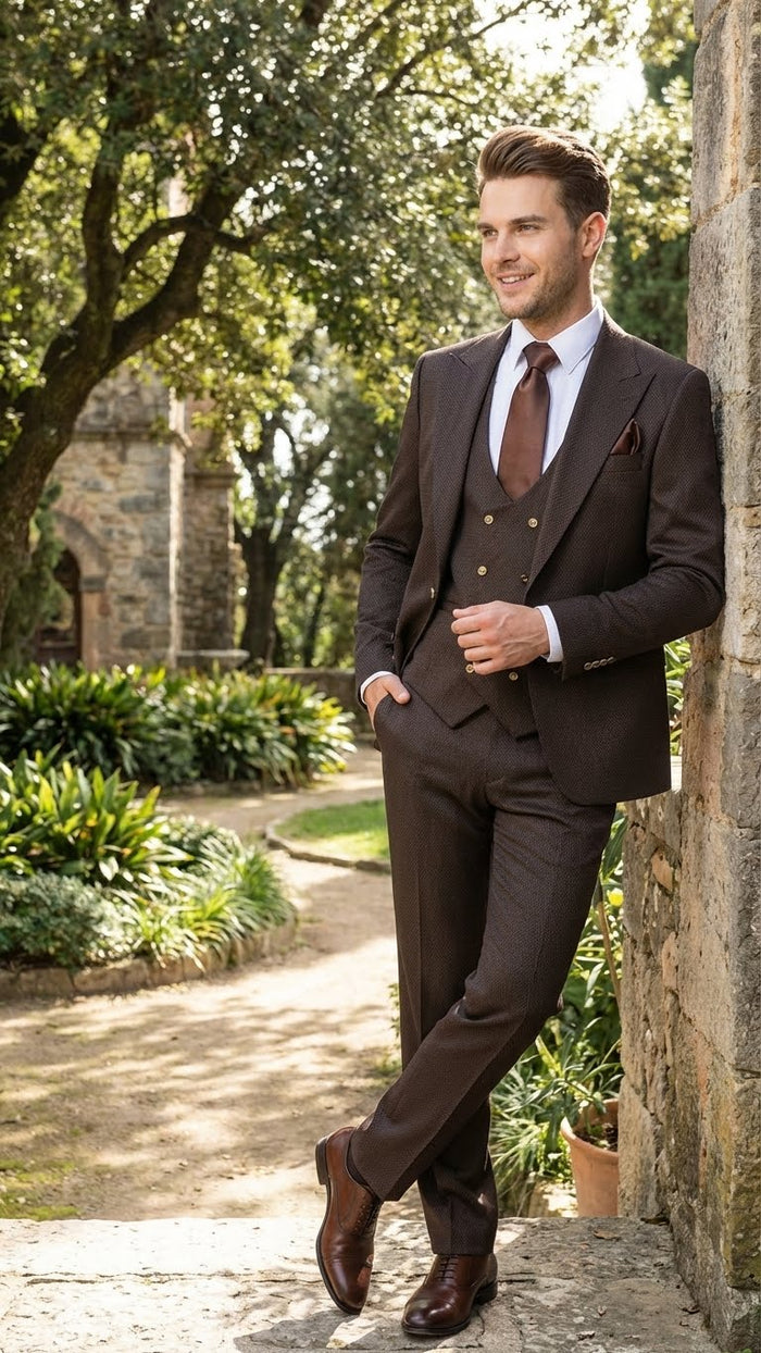 Men’s Chocolate Brown Textured 3-Piece Suit - Luxury Double-Breasted Vest Formal Set by USA Men's Outlet