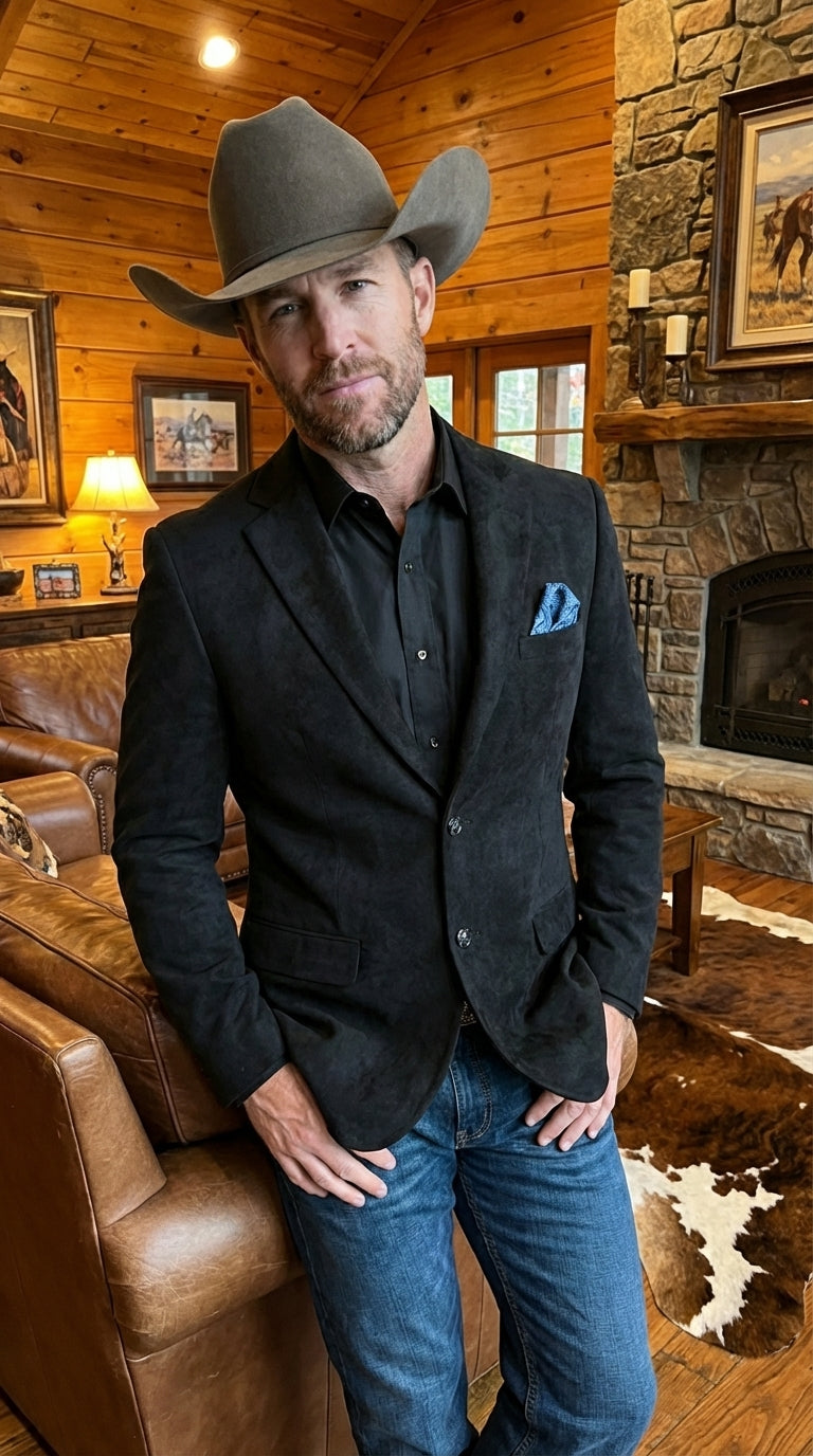 Men’s Black Suede Cowboy Blazer with Elbow Patch Sleeves – Black Western Style Suede Sport Coat for Casual and Smart Casual Wear