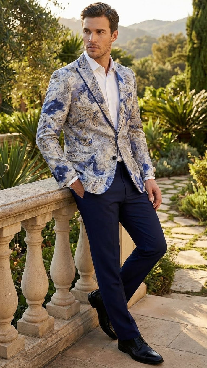 Men’s Navy Blue and Gray Paisley Print Blazer - Prom Jacket for Formal, Party, and Evening Wear by USA Men's Outlet