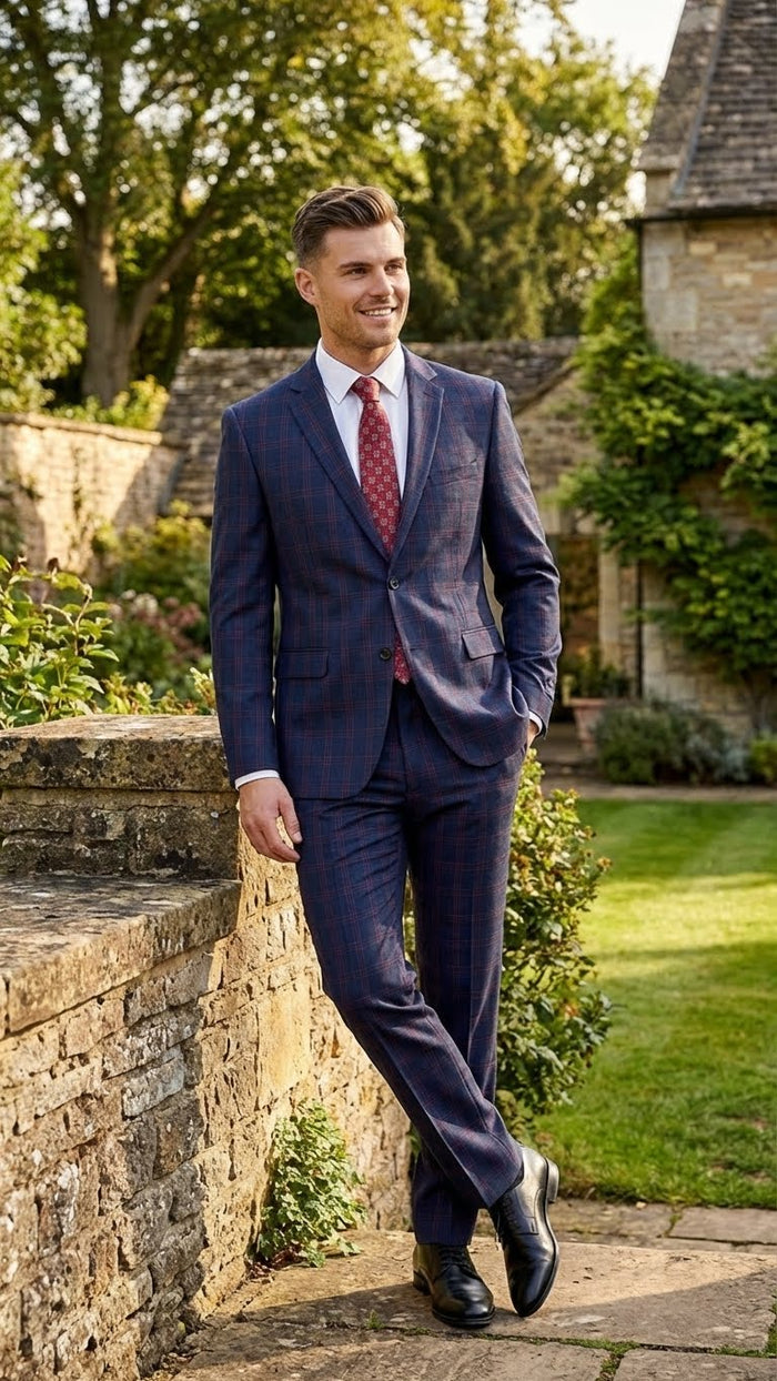 Men’s Navy Blue and Burgundy Checkered Two-Piece Suit Plaid Windowpane - Flat Front Pants or Pleated Wide Leg Pants - 100% Wool USA Men's Outlet