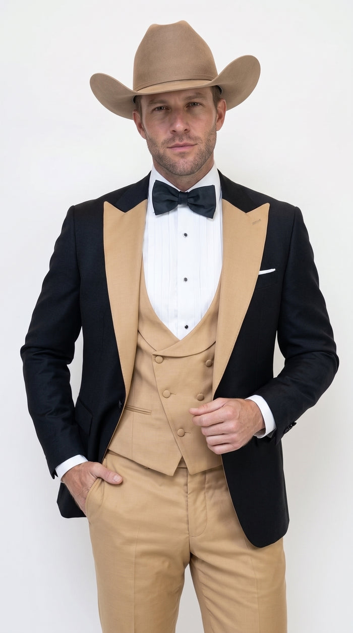 Men's Western Khaki Cowboy Tuxedo Suit – Black & Tan Beige  Peak Lapel 3-Piece Vested Formal Cowboy Suit