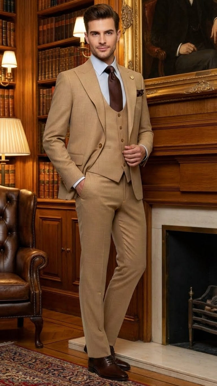Men's Tan Three-Piece Suit with Vest - Classic Tailored Fit in camel khaki Bronze color By Rossiman USA Men's Outlet
