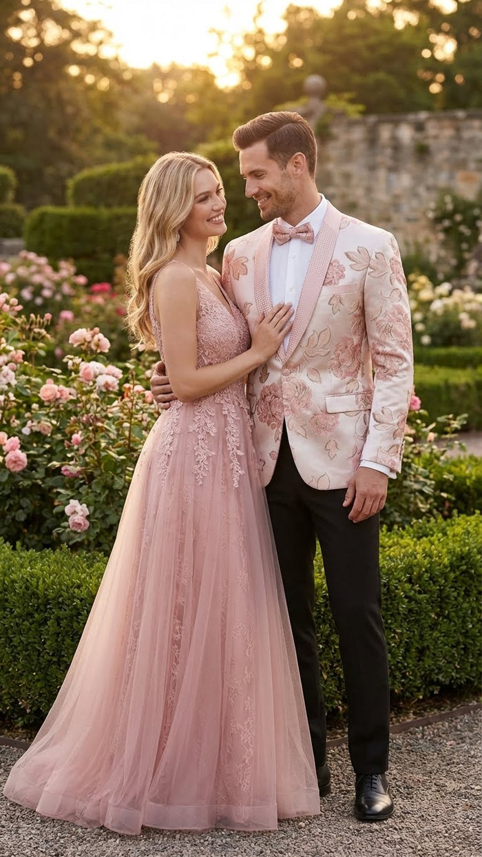Men’s Pink Blush Floral Jacquard Blazer with Embellished Shawl Lapel - Luxury Party and Wedding Wear Jacket by USA Men's Outlet