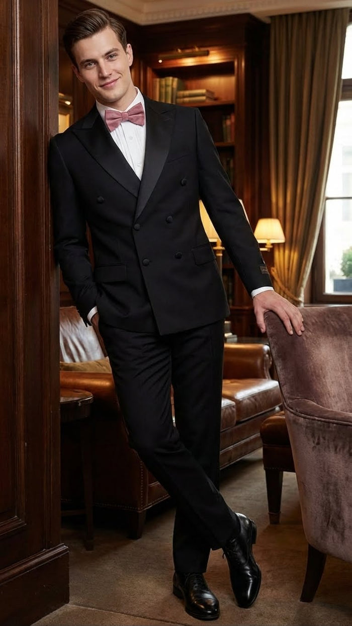 Tiglio Brand 100% Wool Super 150s Italian fabric Men’s Classic Black Double-Breasted Tuxedo with Satin Peak Lapel - Formal Wedding & Gala Suit Set USA Men's Outlet