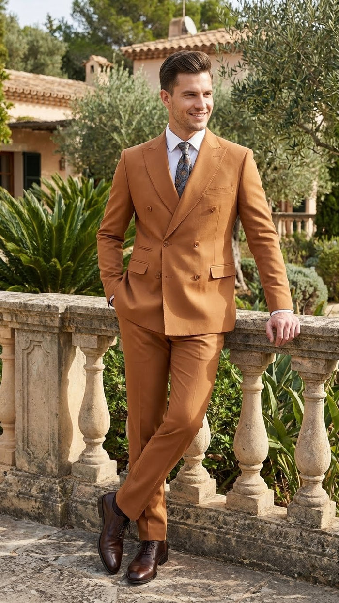 Men’s Vitali Brand Rustish Orange Brown Copper Color Double Breasted Slim Fit Suit USA Men's Outlet