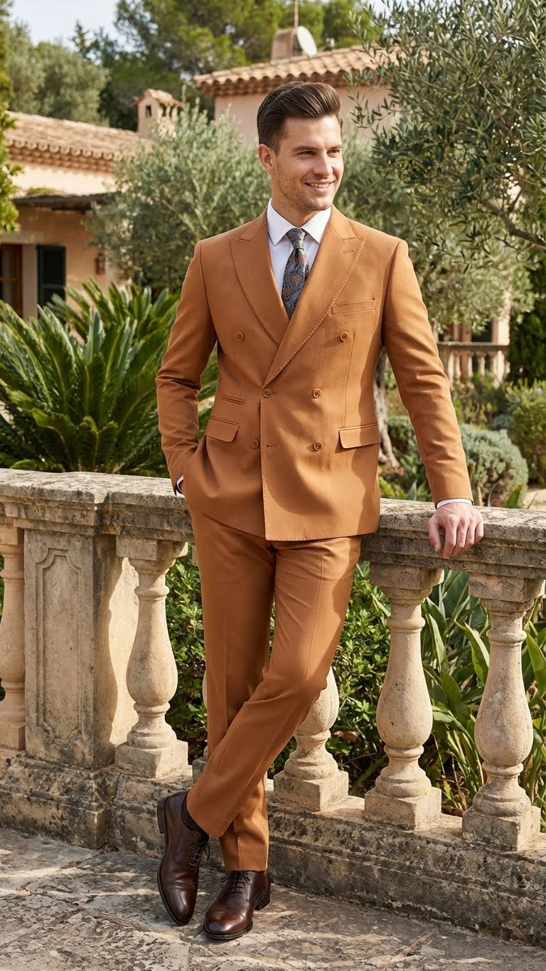Men’s Vitali Brand Rustish Orange Brown Copper Color Double Breasted Slim Fit Suit USA Men's Outlet