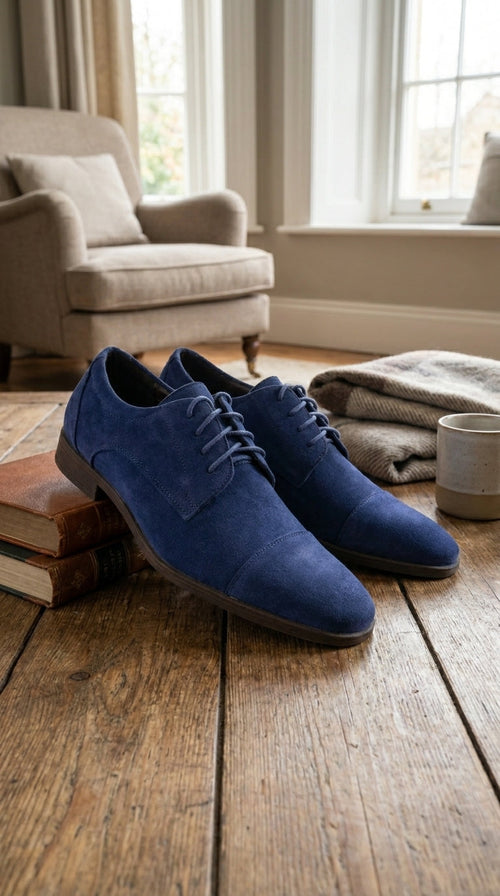 Men’s Navy Blue Suede Cap Toe Dress Shoes – Classic Lace Up Formal Wedding and Prom Shoes Velvet Fabric