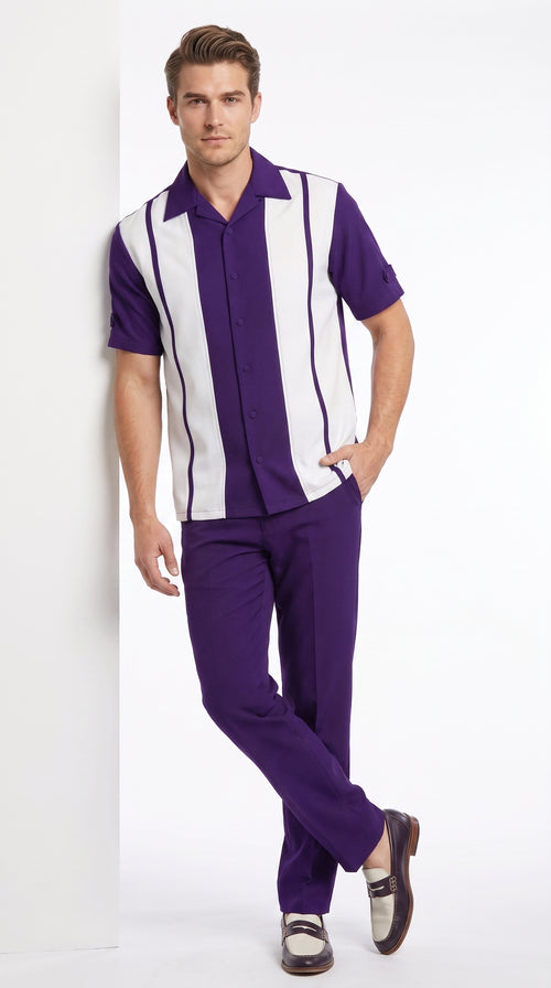 Men’s Purple and White Walking Suit – 2-Piece Short Sleeve Casual Leisure Outfit