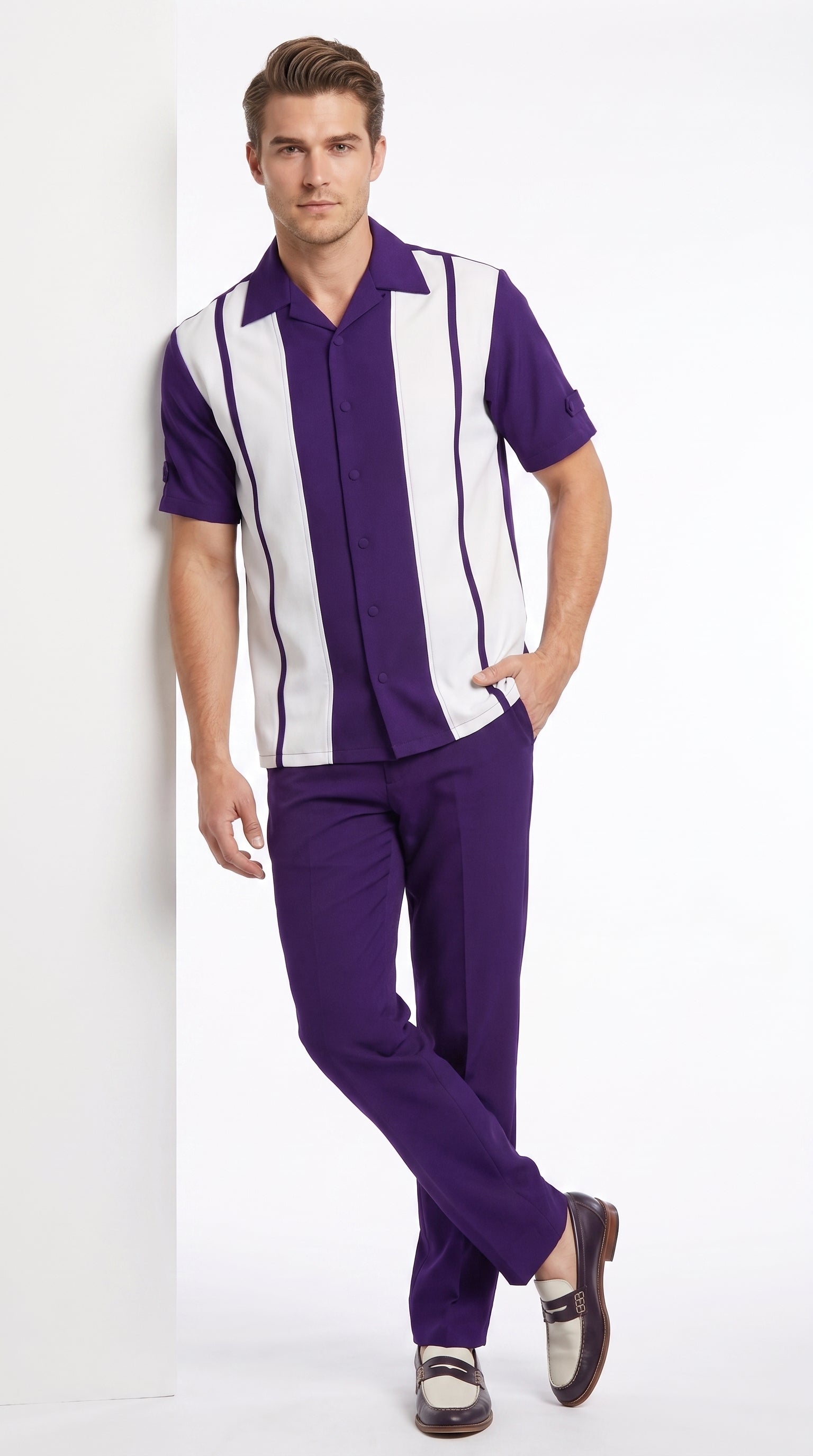 Men’s Purple and White Walking Suit – 2-Piece Short Sleeve Casual Leisure Outfit