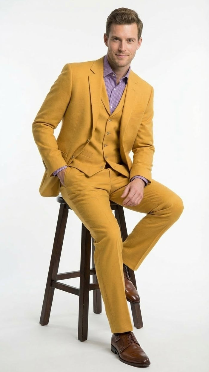 Men’s Mustard Yellow Three Piece Suit - 2 Button Notch Lapel Modern Fit in Gold Color - Church Suit by USA Men's Outlet