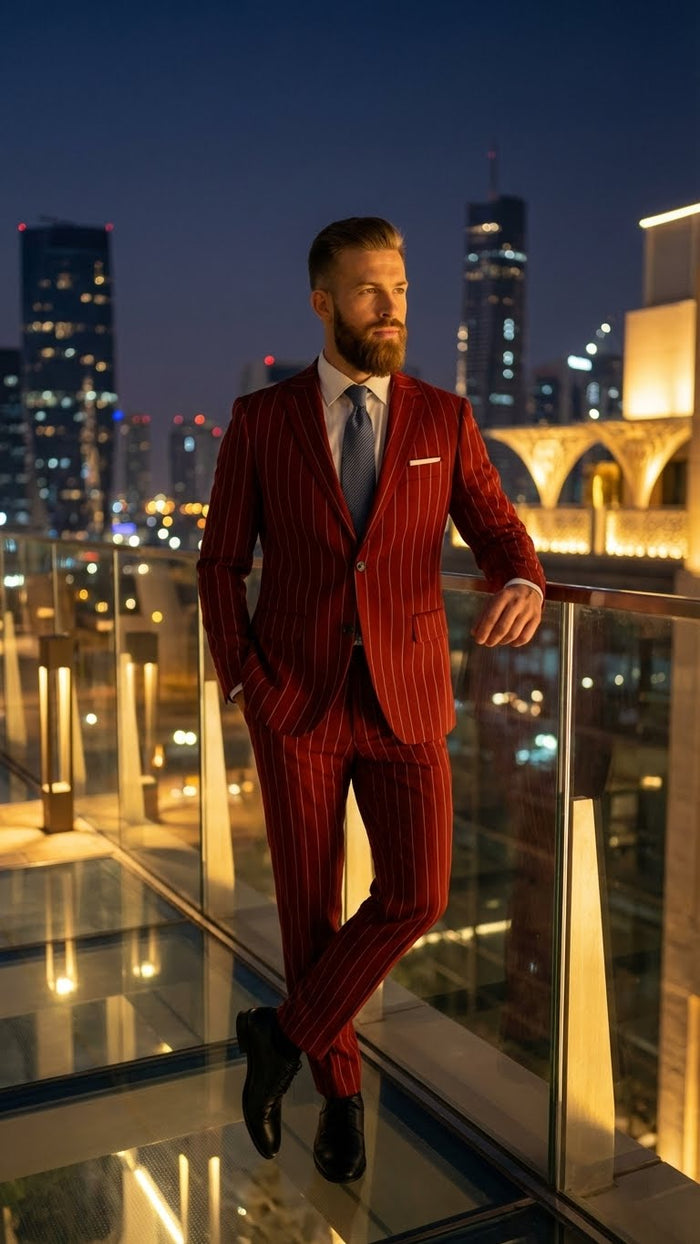Men’s Red Pinstripe Suit - Stripe Two-Button Vested Suit 2 Buttons by USA Men's Outlet