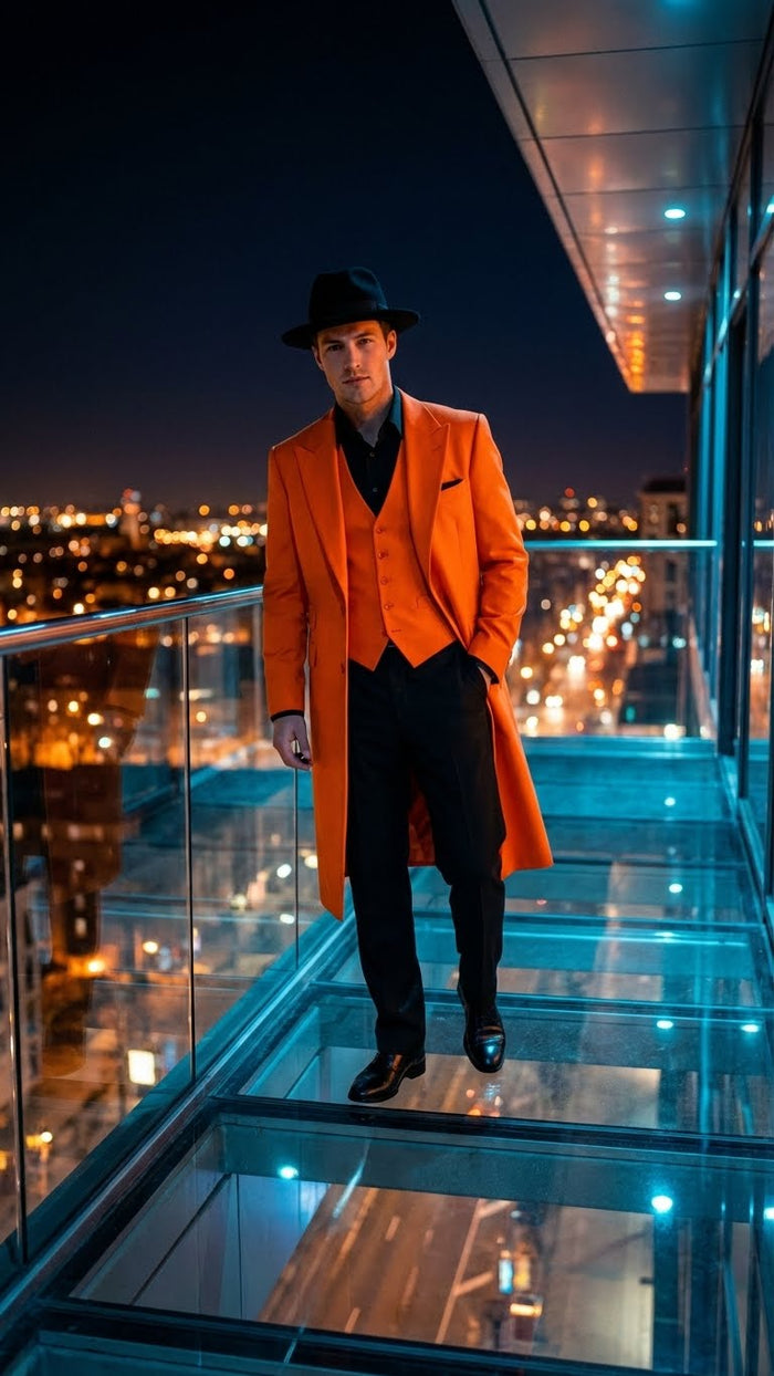 Men’s halloween Costume Orange Long Zoot Suit Set With Black Shirt and Black Pants included by USA Men's Outlet