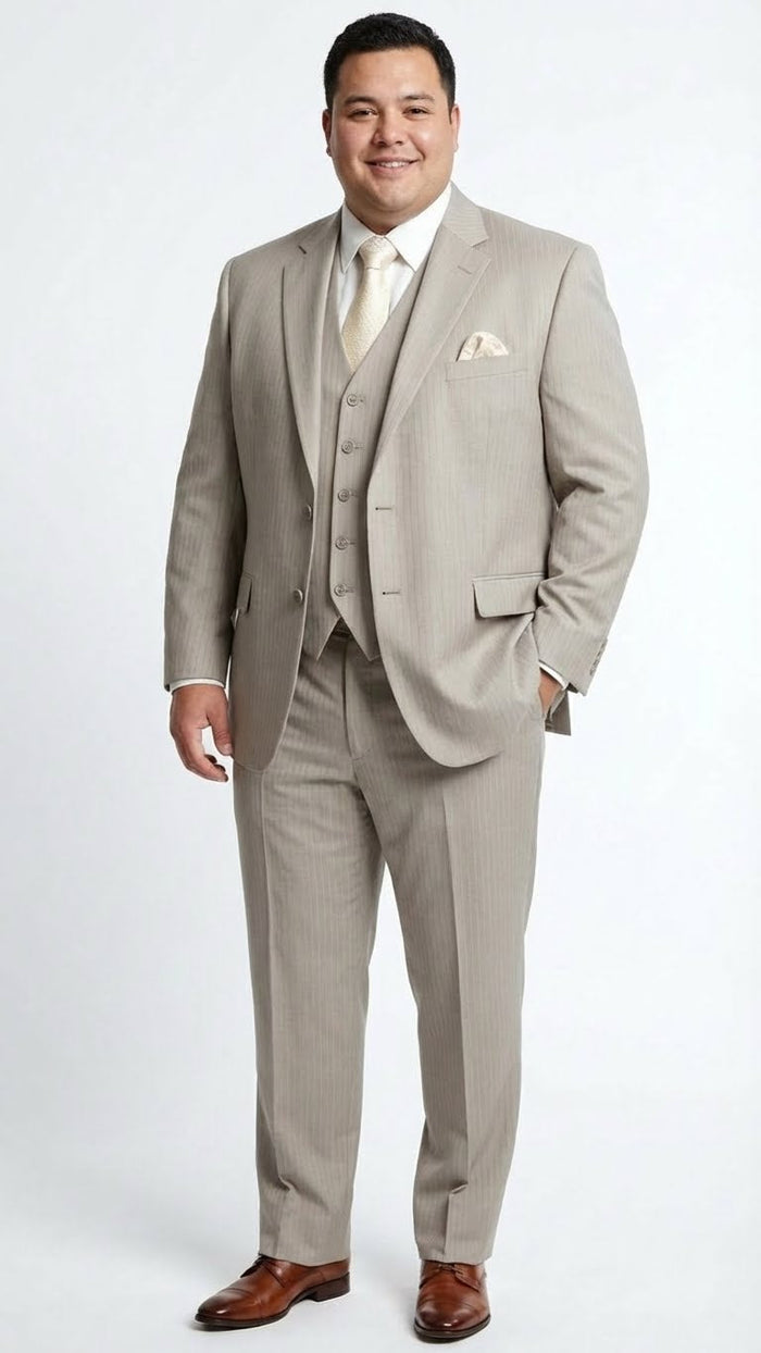 Men’s Light Tan Pinstripe 3 Piece Suit with Jacket, Vest, and Pants - Shadow Stripe Tone Tone Pleated Pants Classic by USA Men's Outlet
