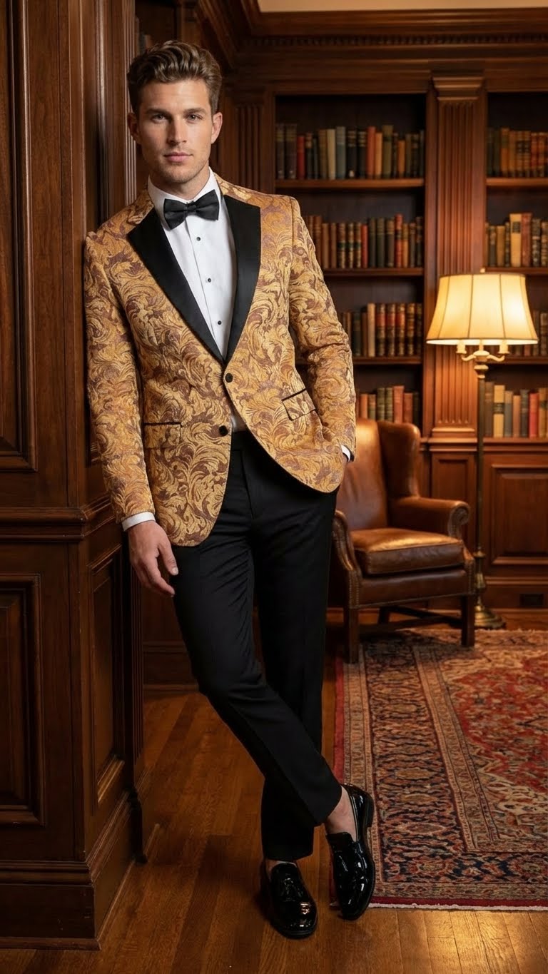 Men’s Yellow Gold Baroque Pattern Tuxedo Blazer Suit – Party and Wedding Jacket Prom Paisley Black Pants