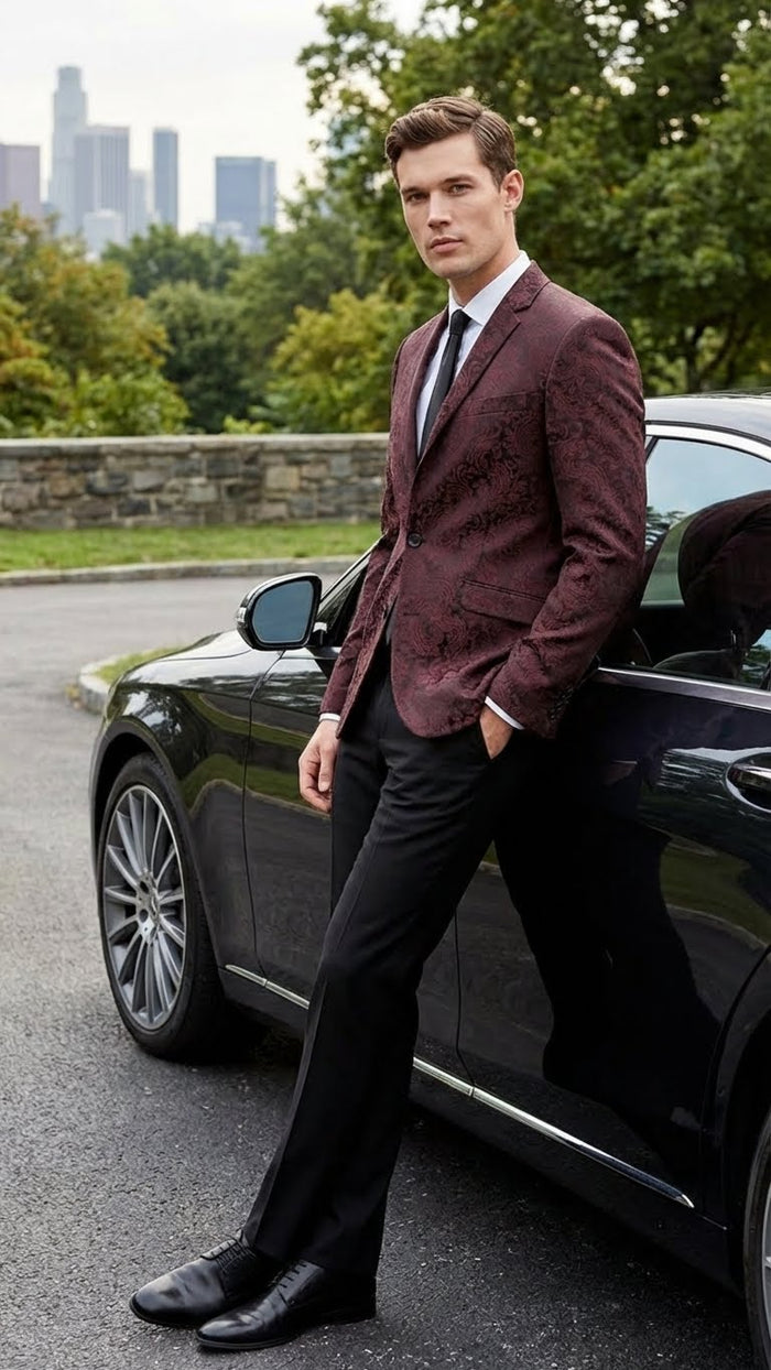 Men’s Burgundy Paisley Blazer Sport Coat - Velvet Dinner Jacket floral in Maroon Wine Color Ultra Slim Fit Smoking Jacket by USA Men's Outlet