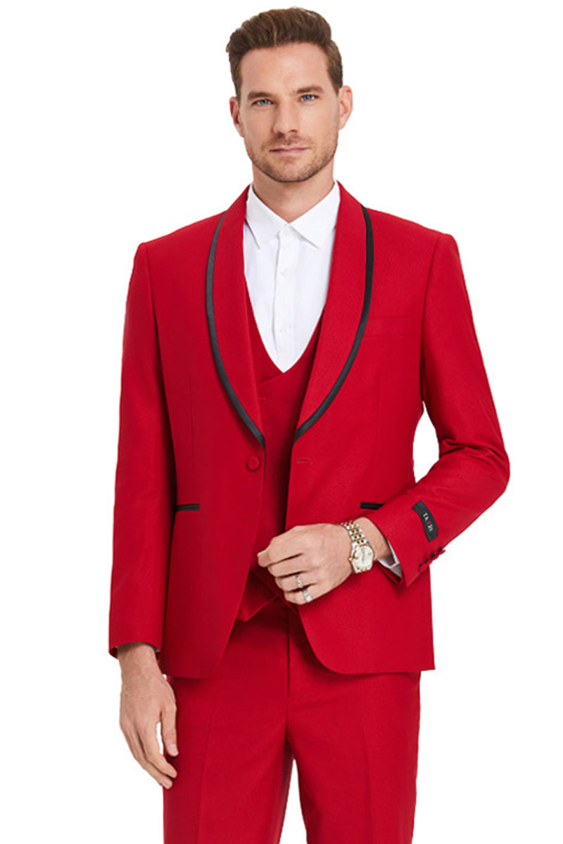 Men's Red Birdseye Vested Tuxedo in Slim Fit