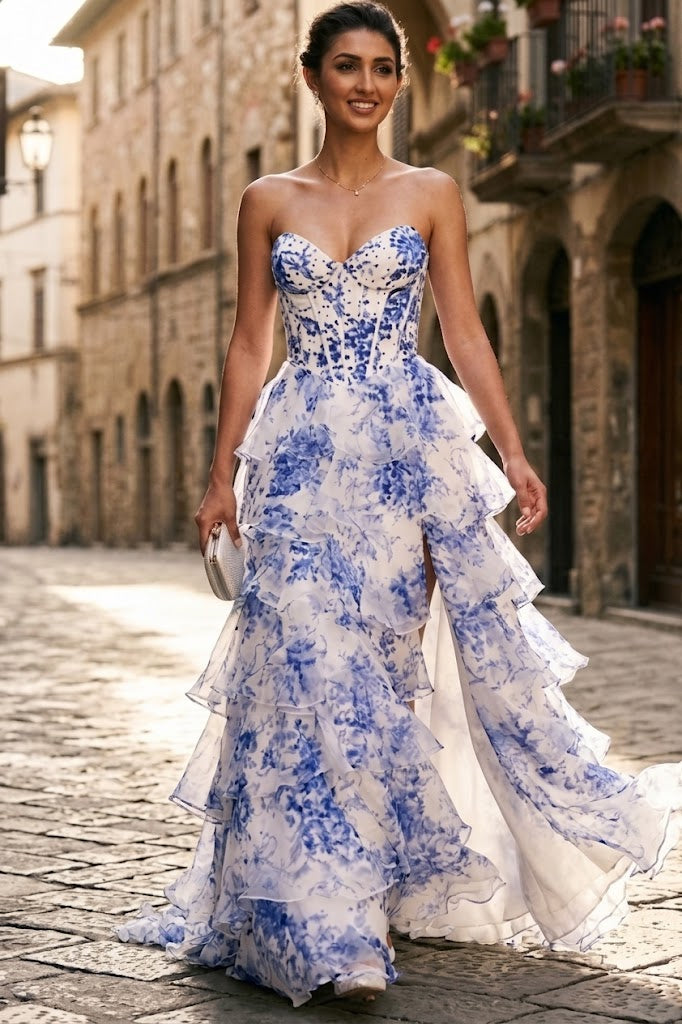 Floral Print Strapless Ruffle A-line Tiered Wedding Guest Dress with Lace-Up Back By Amelia Couture 2060
