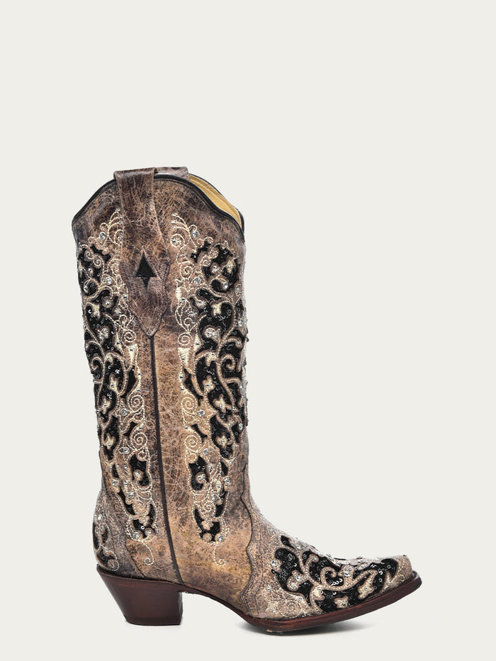 Corral Women's Black Glitter Inlay Crystal Snip Toe Cowboy Boots by SuitUSA
